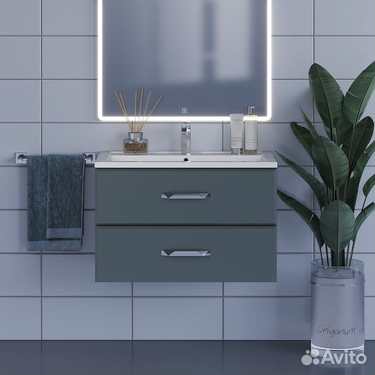 Тумба с раковиной для ванной подвесная, серый графит