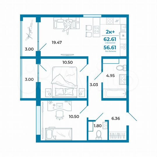 2-к. квартира, 56,6 м², 9/11 эт.