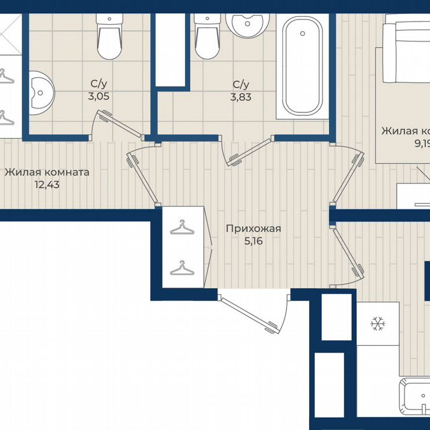 2-к. квартира, 48,7 м², 2/12 эт.