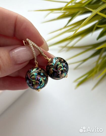 Серьги Сияние на черном с японскими бусинами Тенша