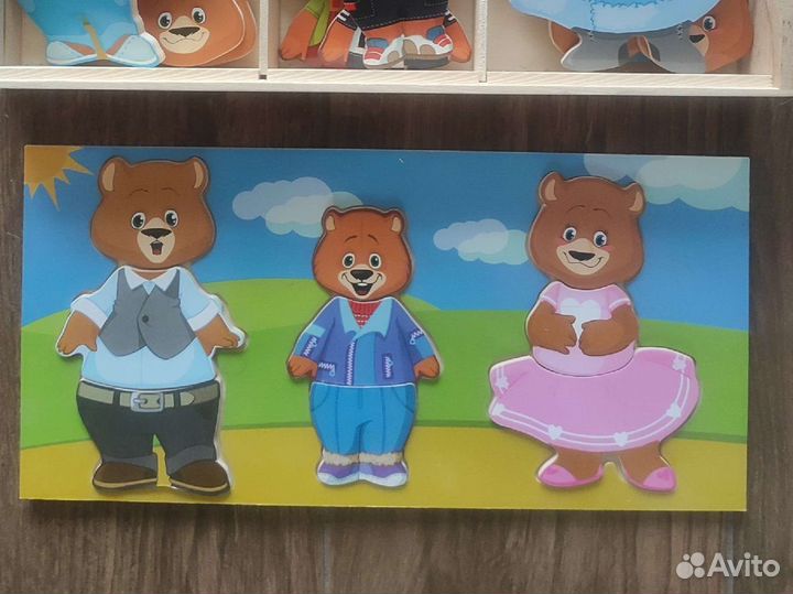 Три медведя, деревянные пазлы,вкладыши