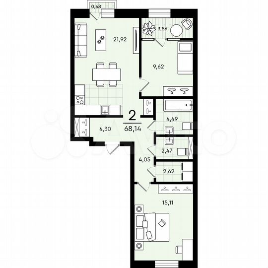 2-к. квартира, 64,6 м², 3/4 эт.