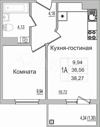 1-к. квартира, 38,3 м², 6/9 эт.