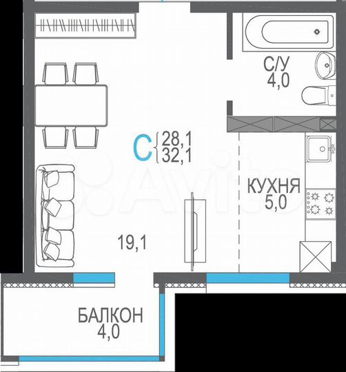 1-к. квартира, 32,1 м², 9/9 эт.