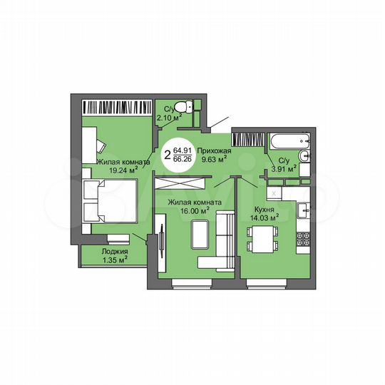 2-к. квартира, 66,3 м², 13/17 эт.