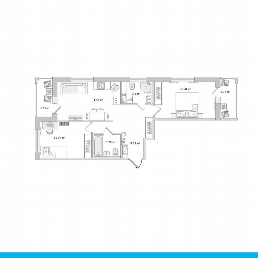 2-к. квартира, 69,3 м², 16/17 эт.