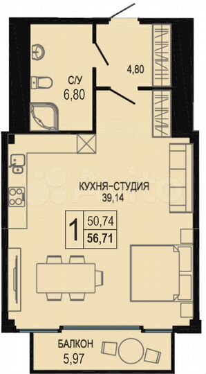 Апартаменты-студия, 56,7 м², 4/7 эт.