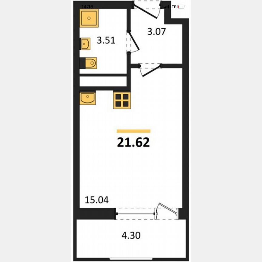 Квартира-студия, 21,6 м², 3/15 эт.
