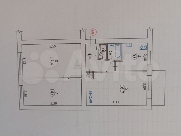 3-к. квартира, 62,9 м², 2/5 эт.