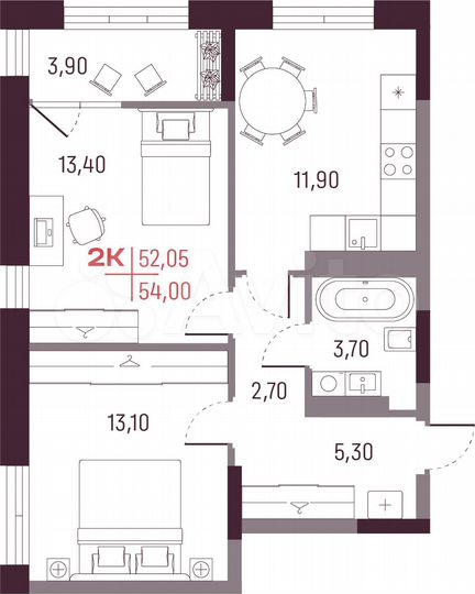 2-к. квартира, 52,1 м², 19/25 эт.