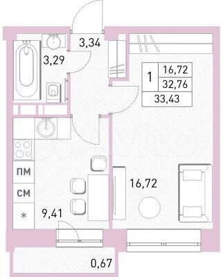1-к. квартира, 33,4 м², 12/17 эт.