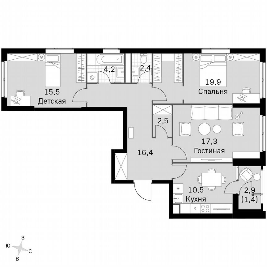 3-к. квартира, 90,1 м², 43/43 эт.