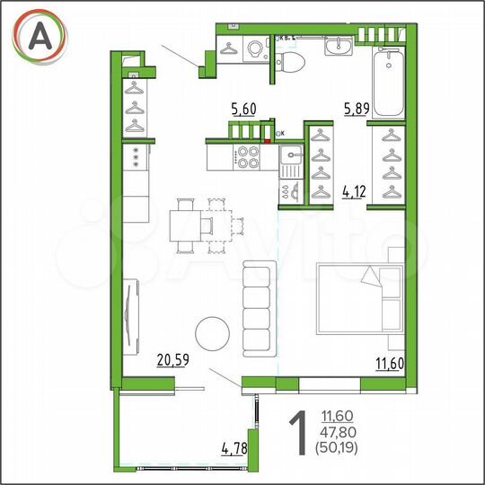 1-к. квартира, 50,2 м², 5/17 эт.