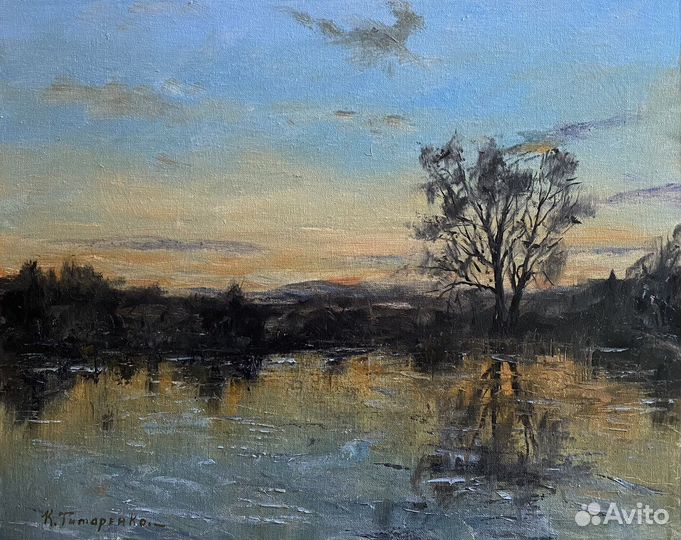 Картина мслом, пейзаж, Вечер на пруду