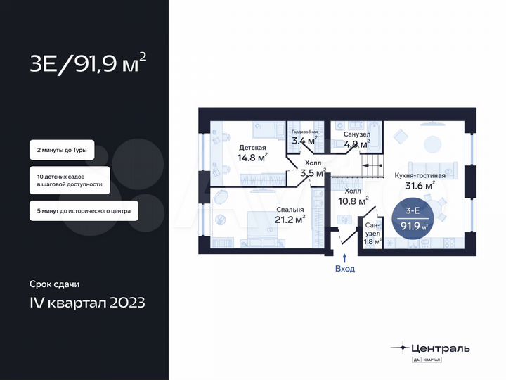 2-к. квартира, 91,9 м², 1/16 эт.