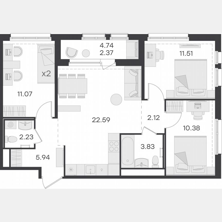 3-к. квартира, 72 м², 14/15 эт.