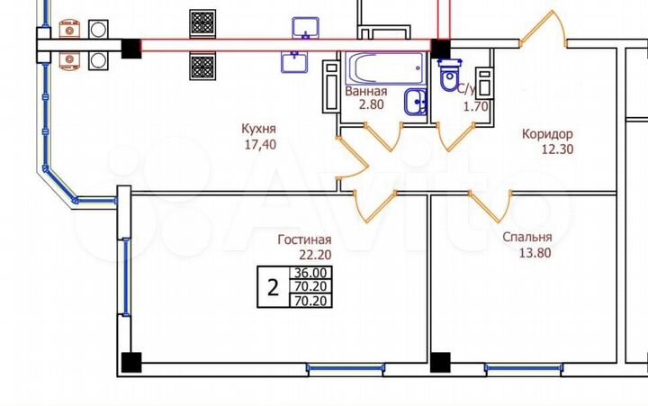 2-к. квартира, 70,2 м², 8/8 эт.