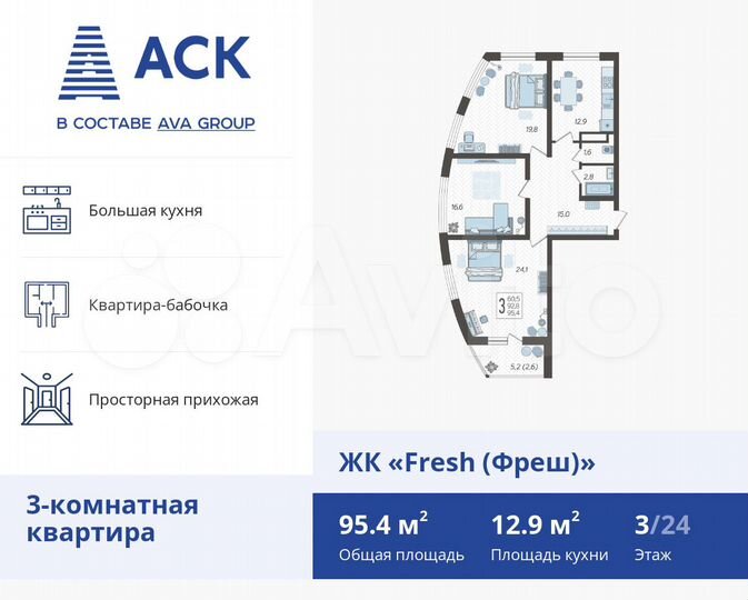 3-к. квартира, 95,4 м², 3/24 эт.