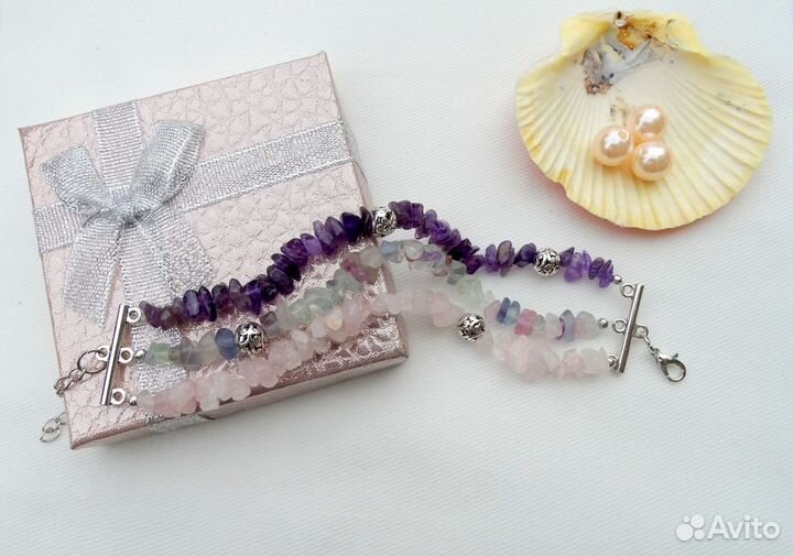 Браслет из аметиста, флюорита и розового кварца