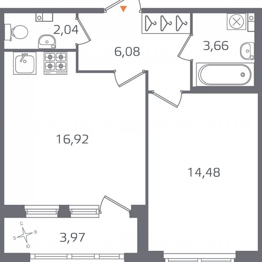 1-к. квартира, 45,2 м², 3/16 эт.