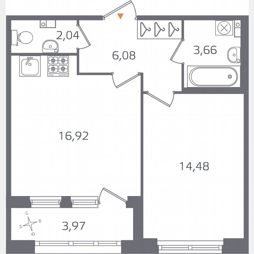 1-к. квартира, 45,2 м², 3/16 эт.