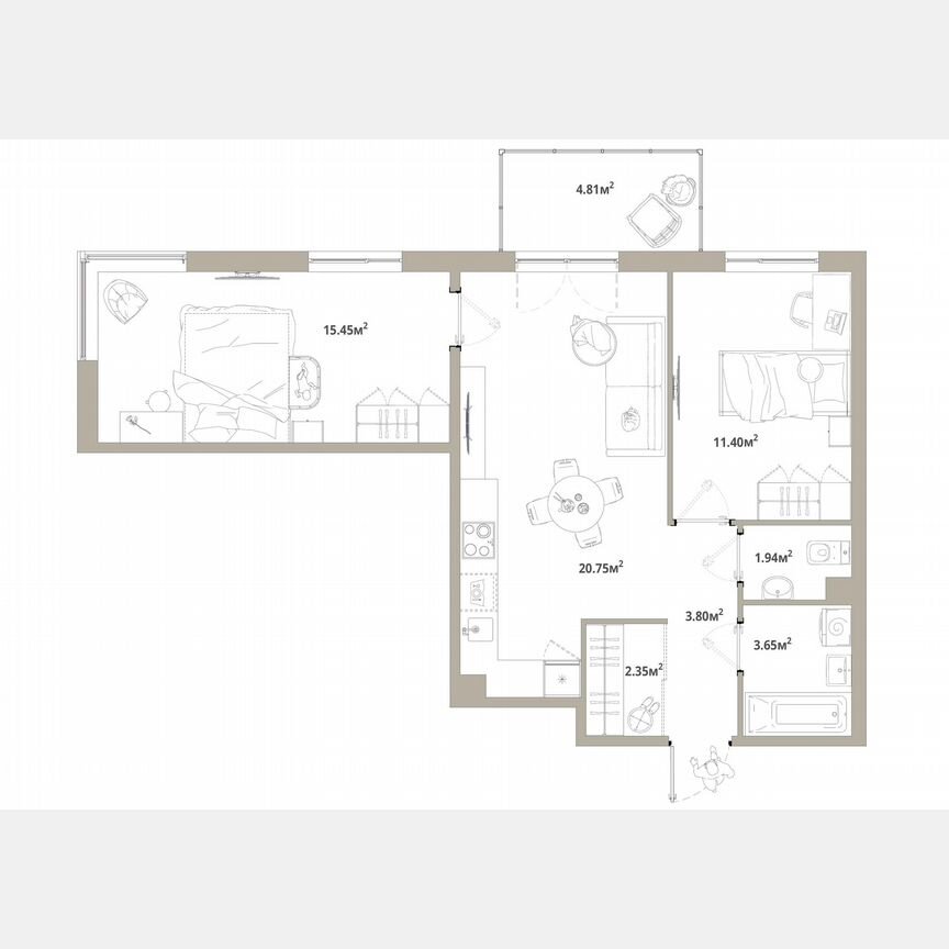 2-к. квартира, 60,8 м², 4/12 эт.