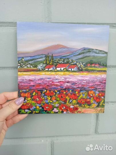 Картина маки пейзаж маслом цветы миниатюра