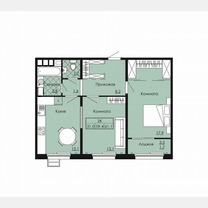2-к. квартира, 61,1 м², 7/9 эт.
