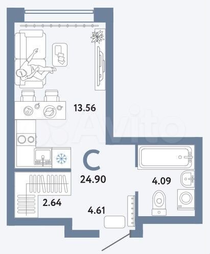 Квартира-студия, 24,9 м², 12/16 эт.