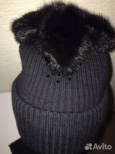 Шапка вязаная и шарф норковый мех