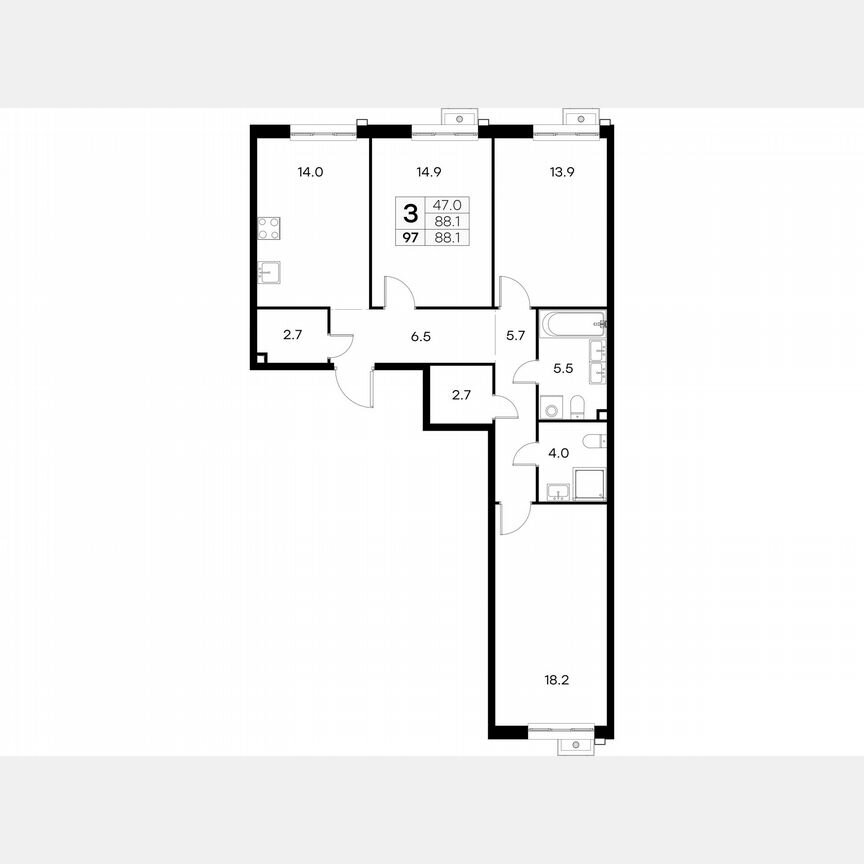 3-к. квартира, 88,1 м², 14/23 эт.