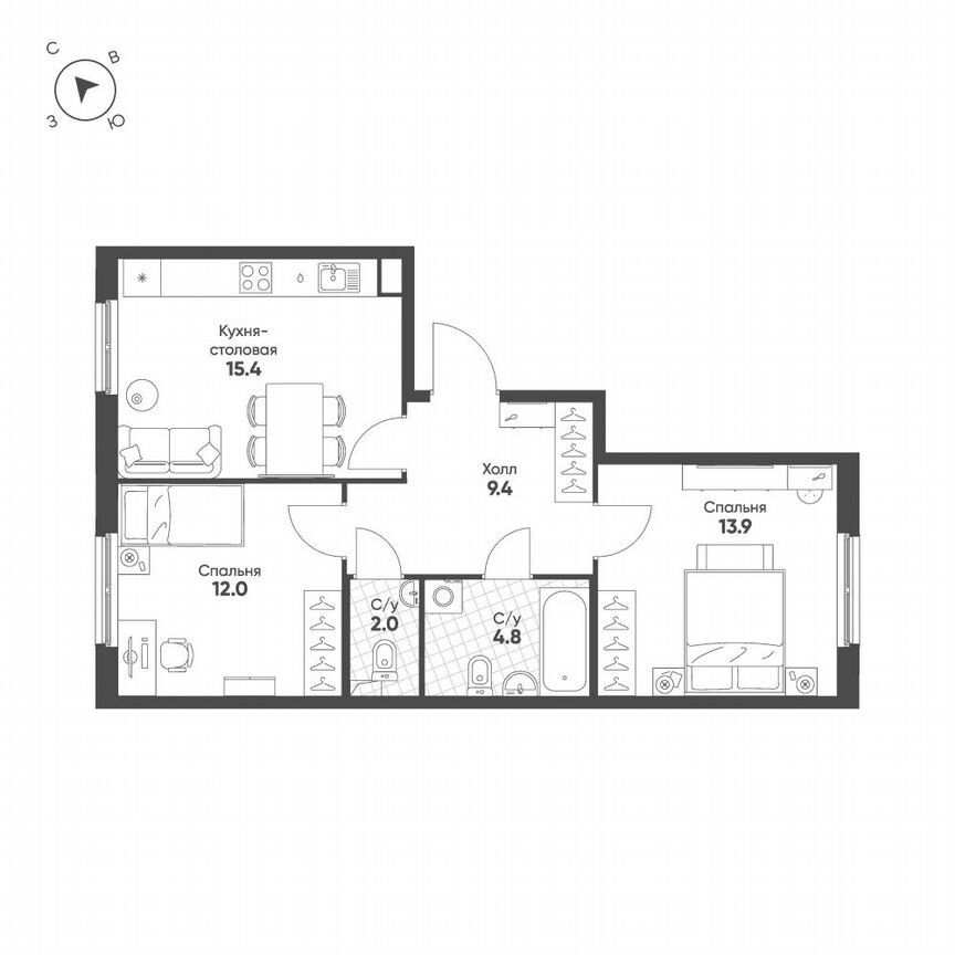 2-к. квартира, 57,5 м², 2/13 эт.