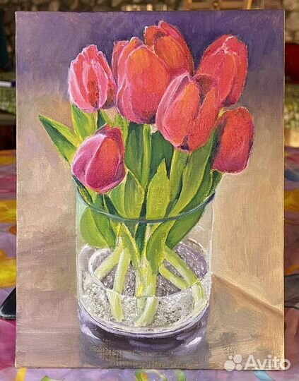 Картина маслом. Тюльпаны в стакане