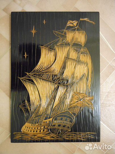 Картина чернолаковая, панно СССР Парусник
