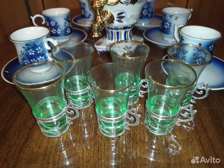 Самовар Гжель с чашками и блюдцами фарфор