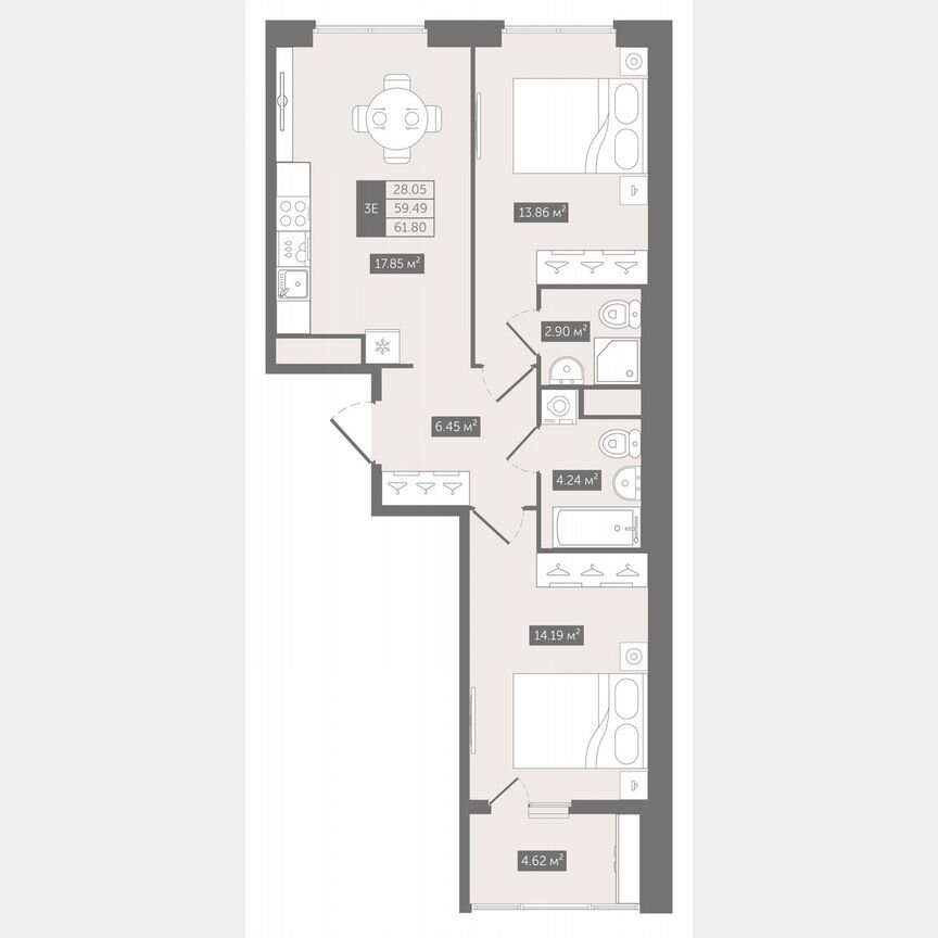 2-к. квартира, 61,8 м², 6/10 эт.