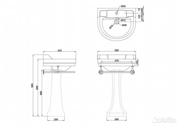 Раковина с пьедесталом Burlington Edwardian B6 3TH 90 с полотенцедержателем