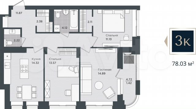 3-к. квартира, 78 м², 8/24 эт.