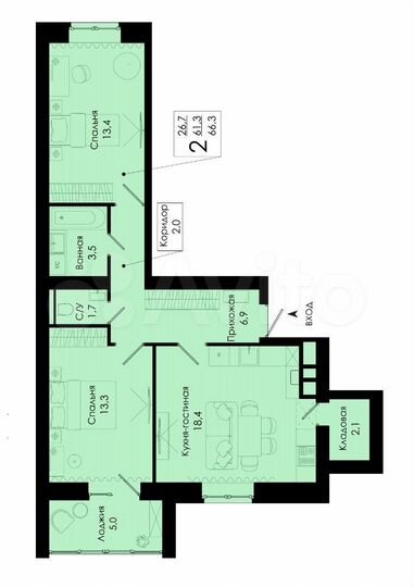 2-к. квартира, 66,3 м², 10/10 эт.