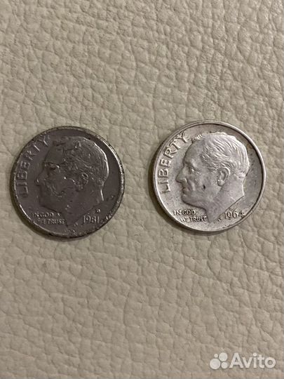 Монеты ONE dime liberty 1964г 1981г
