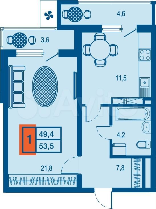 1-к. квартира, 49,4 м², 16/23 эт.