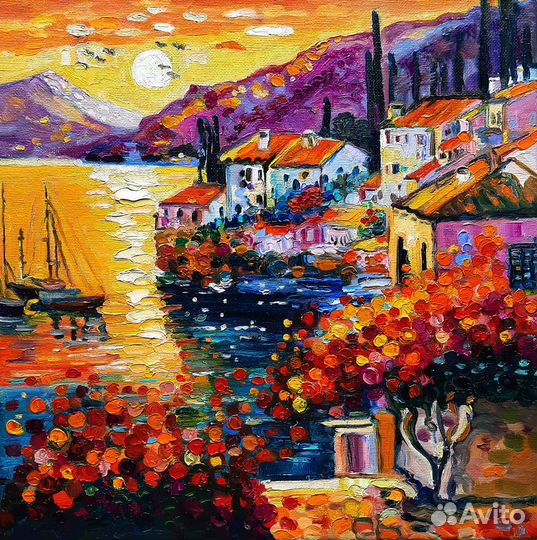 Картина маслом Вечерний зной в Италии холст 30*30с