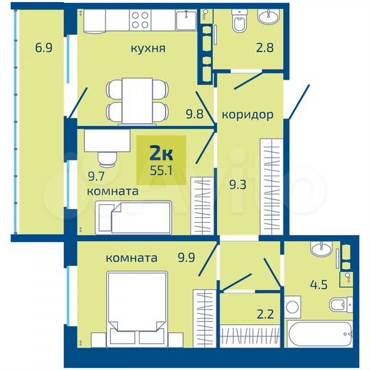 2-к. квартира, 55,1 м², 9/10 эт.