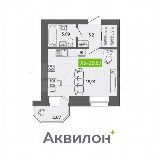 Квартира-студия, 28,7 м², 9/9 эт.