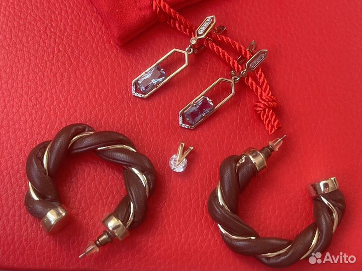 Серьги кожа Испания, подвеска с фианитом
