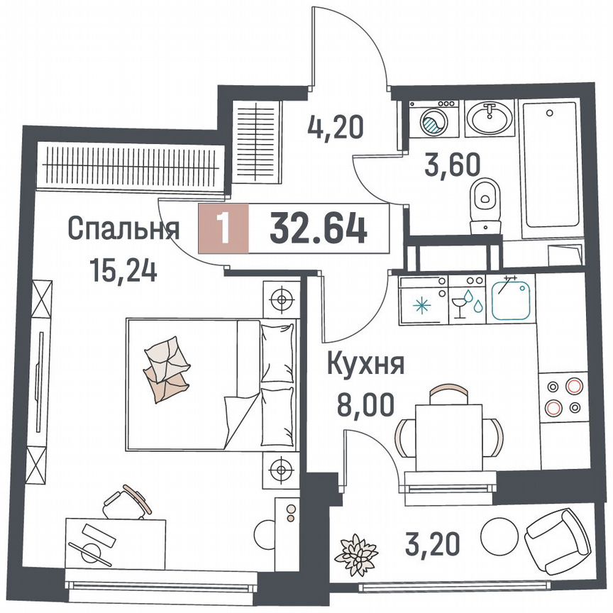 1-к. квартира, 32,6 м², 13/18 эт.