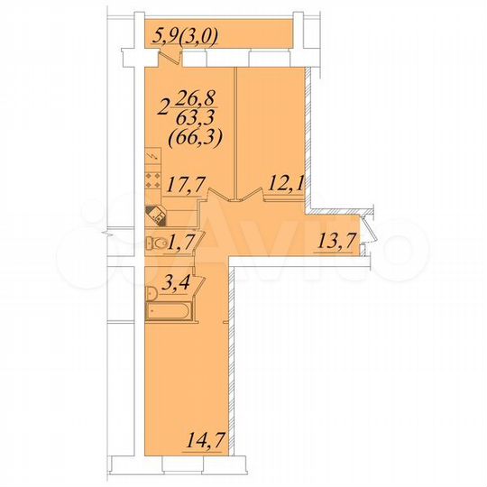 2-к. квартира, 66,3 м², 1/10 эт.