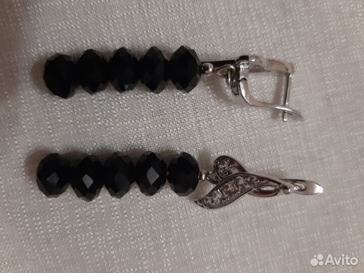 Серьги, натур. черный агат