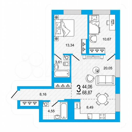 2-к. квартира, 68,9 м², 10/27 эт.