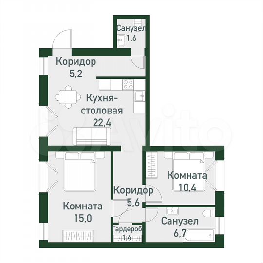 2-к. квартира, 64,1 м², 3/3 эт.